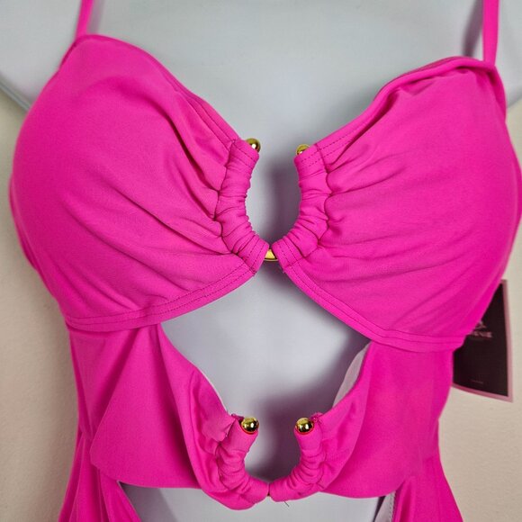 Womens Sexy Large Hot Pink One Piece Swimsuit Ring Linked Cutouts Beach Vacation - Picture 6 of 12